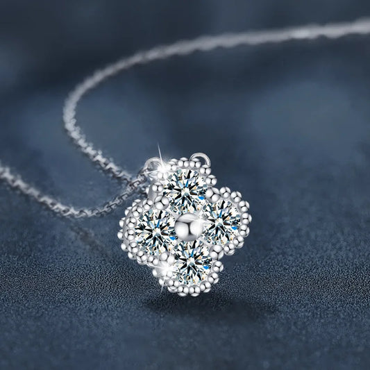 IOGOU Flower Clover Moissanite Pendant Necklace 925 Silver Clavicle Adjustable Chain for Women Girls Gift GRA Certified Jewelry