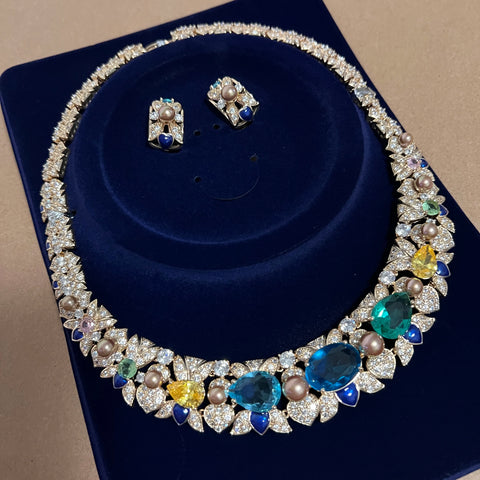 ASNORA Cubic Zirconia Bridal Jewelry Set, Sky Blue Round Necklace 2-piece Women's Engagement Dinner Accessories