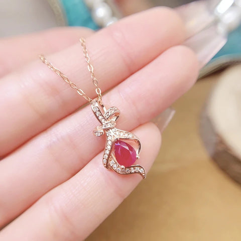 Natural real red ruby necklace pendant Luxury bowknot style 925 sterling silver 5*7mm 0.7ct gemstone Fine jewelry L2584