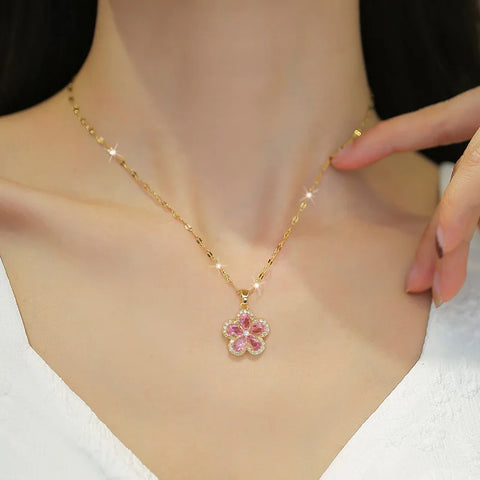 Women's Pink Crystal Cherry Blossom Flower Pendant Necklace (40cm + 5cm) Luxury Jewelry Free Shipping