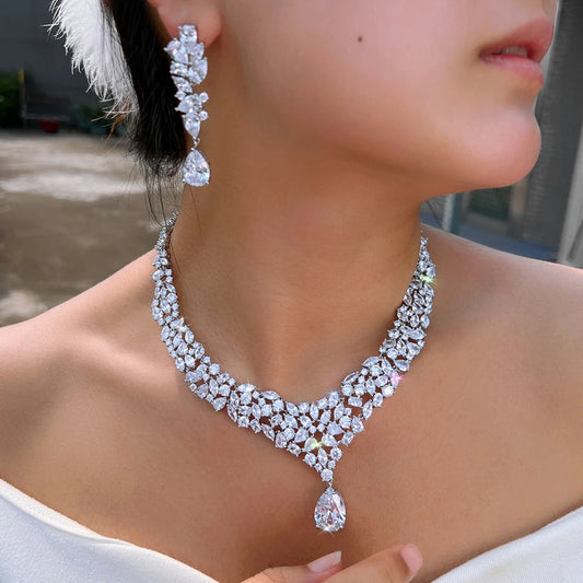 ThreeGraces Exquisite Sparkling Water Drop Cubic Zirconia Luxury Bridal Wedding Evening Party Jewelry Set for Brides T1064