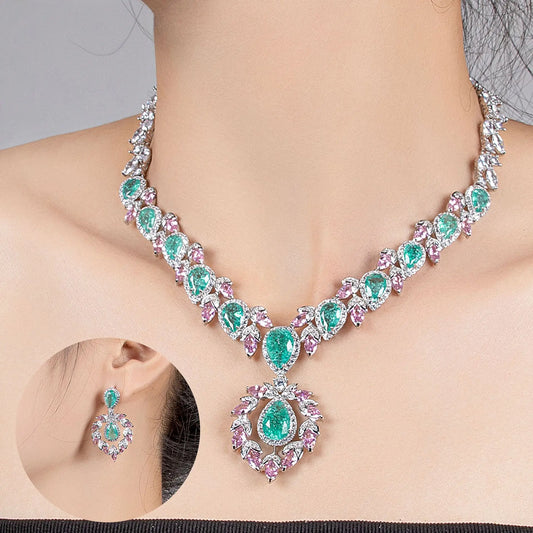 Bridal Dress Jewelry Set with Zircon Water Drop Inlaid Multi Color Matching Middle Eastern Jewelry Necklace Earrings Jewelry