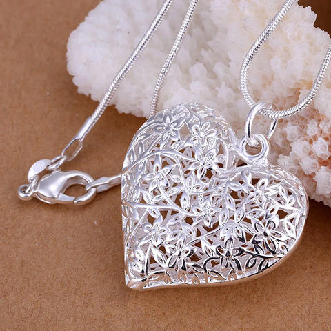 925 Sterling Silver 18-30 Inch Carved Heart Pendant Snake Chain Necklace For Women Fashion Wedding Party Charm Jewelry