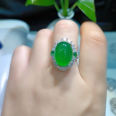 Natural 925 Silver Inlaid with High Ice Emperor Green Jade Ring