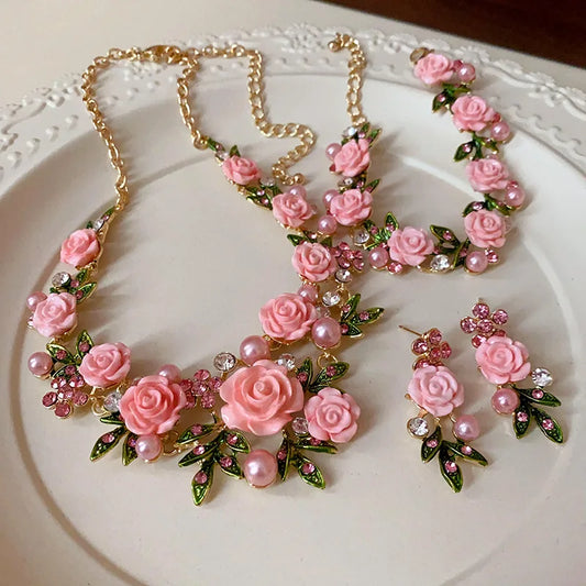 Flower Inlaid Crystal Pearl Necklace Earrings