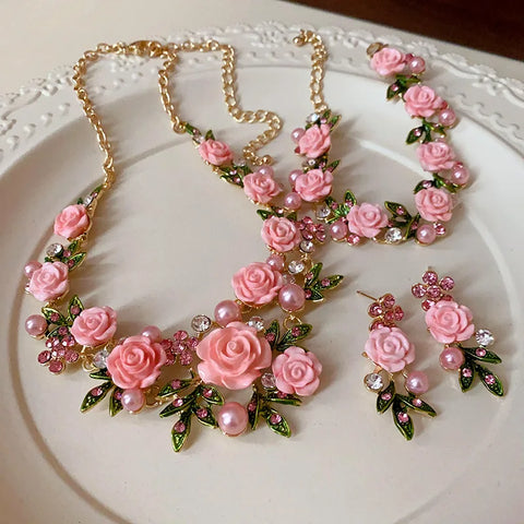 Flower Inlaid Crystal Pearl Necklace Earrings