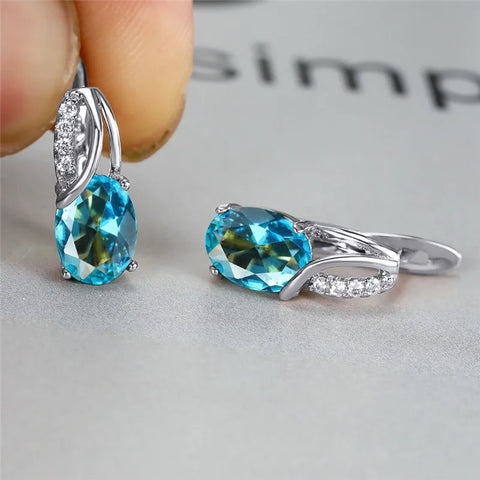 Aqua Blue Zircon Oval Stone Earrings Multicolor Crystal Hoop Earrings