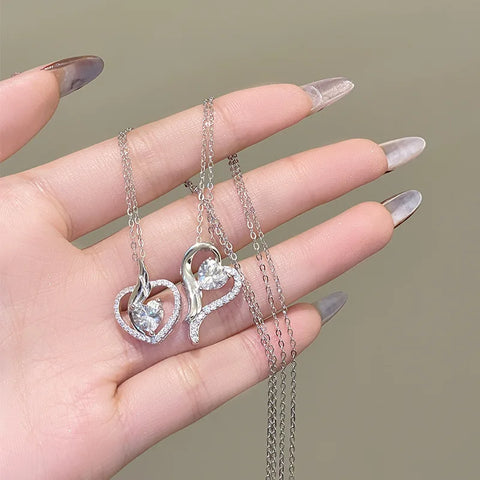 Love Wings Diamond Necklace Women s Pure Silver Fashion Light Luxury Heart Shaped Mozambique Stone Carat Pendant  Lucky Jewelry