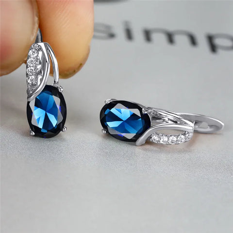 Aqua Blue Zircon Oval Stone Earrings Multicolor Crystal Hoop Earrings
