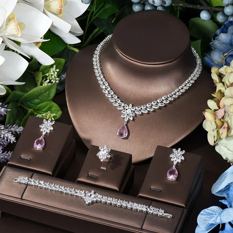 HIBRIDE Elegant Women Wedding Jewellery African CZ Crystal Water Drop Bridal Necklace Bracelet And Earrings Jewelry Sets N-789