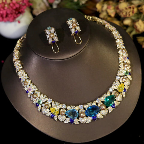 ASNORA Cubic Zirconia Bridal Jewelry Set, Sky Blue Round Necklace 2-piece Women's Engagement Dinner Accessories