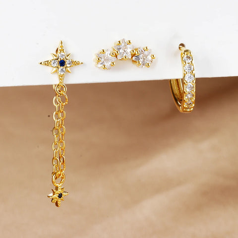 3PCS Luxury Star Pendant Piercing Earrings
