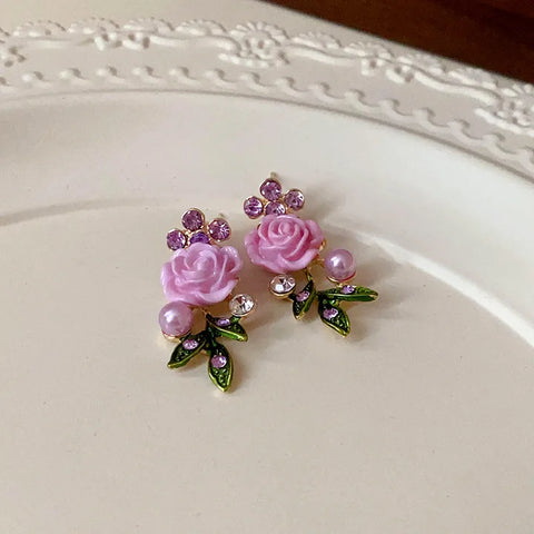Flower Inlaid Crystal Pearl Necklace Earrings