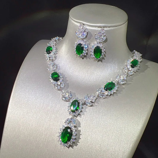 Fashion Luxury Emeralds Jewelry Set for Women Cubic Zirconia CZ Stone Earrings Necklace Sets Arabic Bridal Wedding Party Jewelry