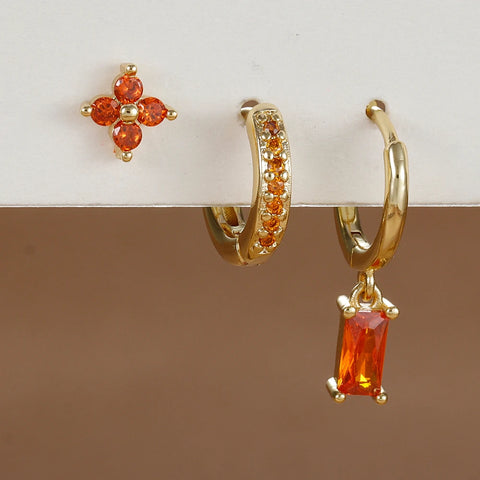 3PCS Fashion Orange Blue Zircon Hanging Earrings