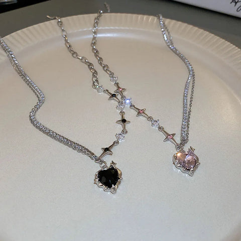 Y2K Pink Crystal Heart Pendant Necklace Women Sweet Cool Girl Punk Clavicle Chain Fashion Aesthetic Necklace Jewelry Gift 2024