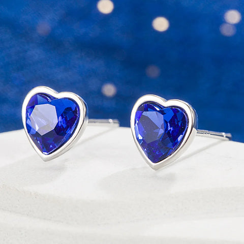 New in 925 Sterling Silver Heart Blue Crystal Stud Earrings