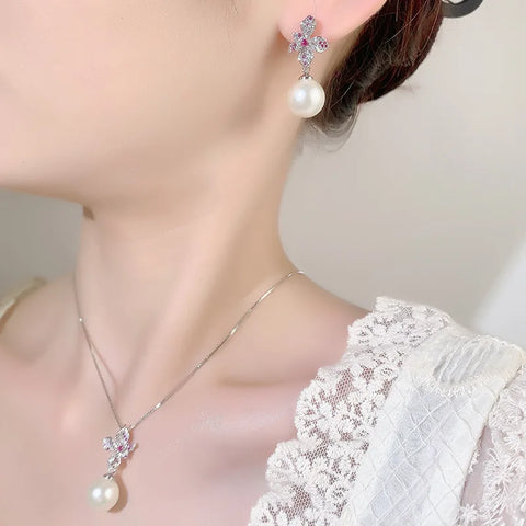 Elegant Flower White Pearl Cubic Zirconia Earrings Sparkling Necklace with Pink Crystal Ideal Wedding Dresses Accessories Gift