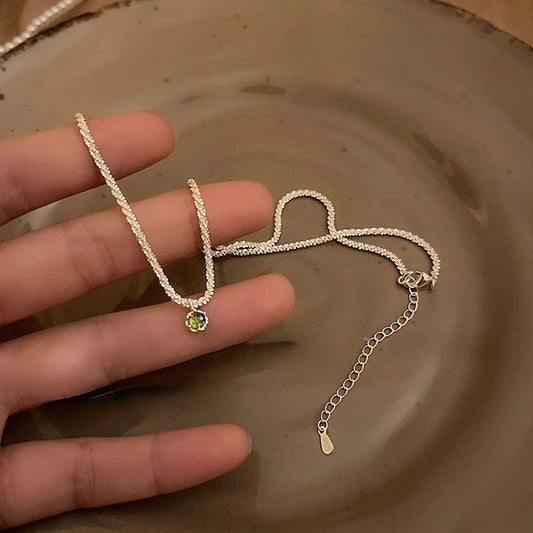 Green Zircon Sparkling 925 Silver Elegant Simple Light Luxury Clavicle Chain Necklace for Women