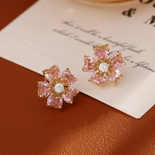 Elegant Pink Zircon Flower Ear