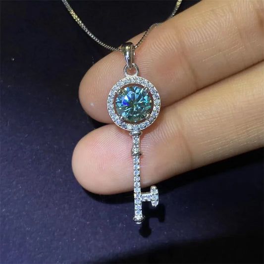 Round Shiny Blue-Green Moissanite Key Pendant Necklace, Luxury Neck Jewelry Valentine's Day Christmas Gifts For Lover