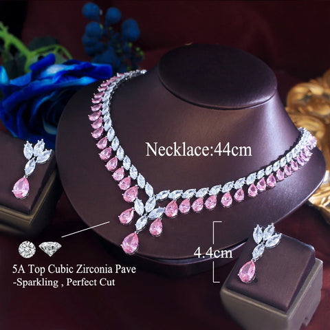 ThreeGraces Elegant Brilliant Pink Water Drop Zirconia Luxury Wedding Bridal Evening Party Jewelry Set for Women T1044