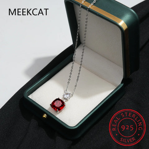 Cushion Cut Red Natural Garnet Ruby 925 Sterling Silver Square Pendant Necklace for Women Gemstone Jewelry Colar de Prata
