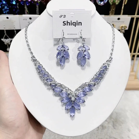 Luxurious Fashionable New Zircon Purple Transparent Color Necklace Earrings Set Versatile High-End Feelings Jewelry Accessories
