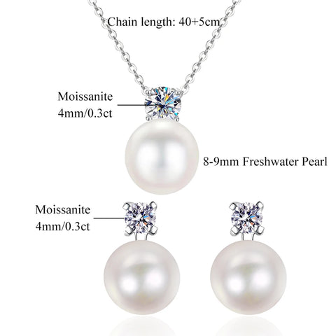 D Color Moissanite Pearl Jewelry Sets for Women 4mm Moissanite Diamond Pendant Necklace Earrings Luxury Wedding Anniversary Gift