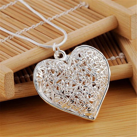 925 Sterling Silver 18-30 Inch Carved Heart Pendant Snake Chain Necklace For Women Fashion Wedding Party Charm Jewelry