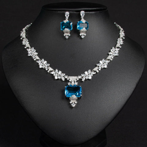 New Luxury Jewellery Square Flower Necklace Earrings Pendant Ladies Zirconia Accessories Set Party Prom Gift Dress M-339