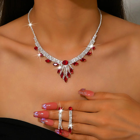 3pcs Elegant and Dignified Colored Water Droplet Gemstone Inlaid Women's Tassel Necklace Earring Set Retro Wedding Dress Jewelry