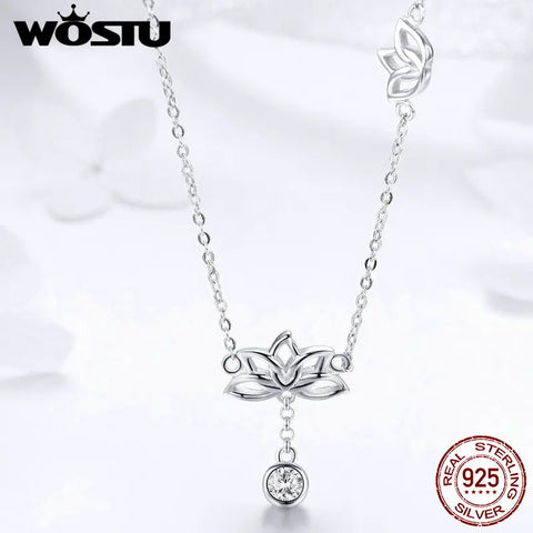 WOSTU Hot Fashion 925 Sterling Silver Lotus Flower Original Pendent Necklaces For Women Luxury Wedding Silver Jewelry FNN012