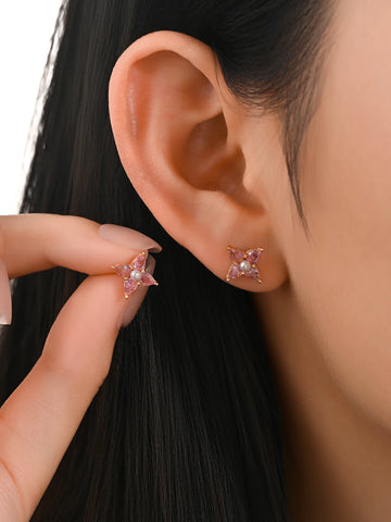 925 Sterling Silver Cute Pink Zircon Petal Earrings