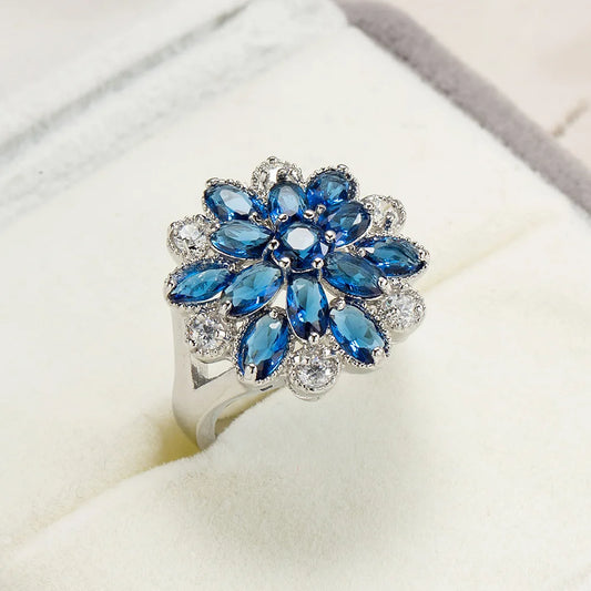 New Female Jewelry Silver Color Hollow-out Blue Flower