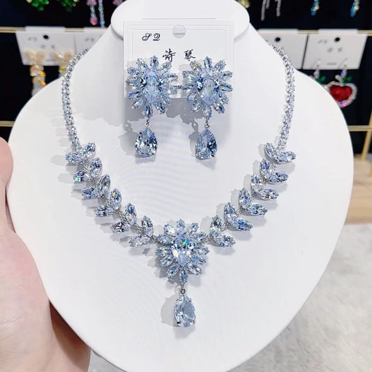 Adjustable Waterdrop Pendant Zirconia Necklace Earrings Women New Silver Color Bridal Wedding Fashion Jewelry Set Party Gifts