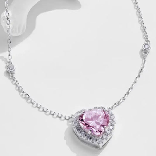 Genuine S925 Sterling Silver 10mm Heart Cubic Zirconia Pendant Necklace Adjustable Chain Jewelry Gift for Women Valentines Day
