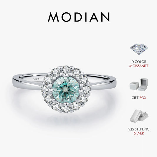 MODIAN D Color Green Teal Moissanite Halo Ring