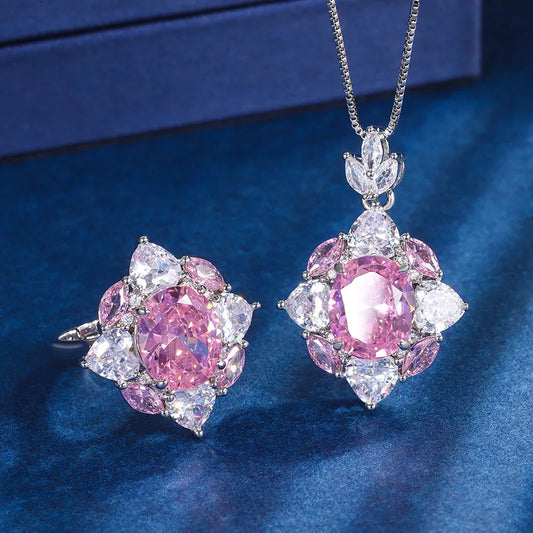 Jewelry Gold Plated Hot Selling Vintage Style Pink Diamond Pendant Ring Set Main Stone 10*12
