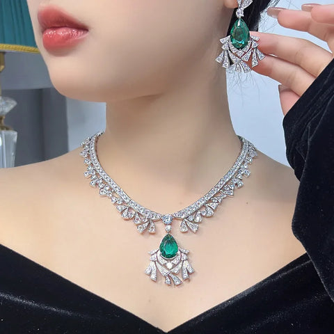 EYER Top Grade Temperament AAA Zircon designer Necklace For Women Luxury Green Drop Earrings Wedding Evening Dress Jewelry Set