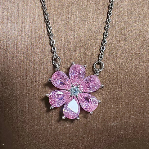 Pink Flower Sparkling Zircon S925 Silver Drop Earrings