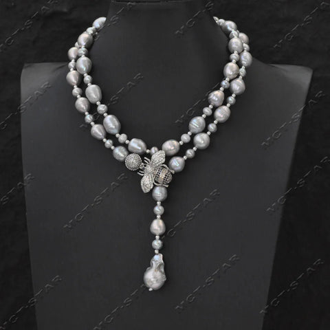 Z13663 30" White Gray Round Rice Freshwater Pearl Necklace Keshi Pearl Pendant CZ Custom Jewelry
