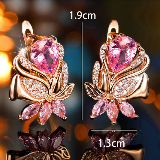 Luxury Female Pink Zircon Stone Hoop Earrings