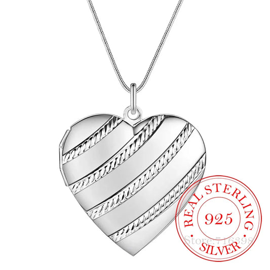 100% Real 925 Sterling Silver Love Heart Photo Frame Pendant Snake Chain Necklaces For Women Fashion Wedding Charm Jewelry