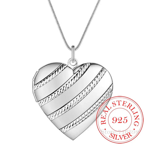 100% Real 925 Sterling Silver Love Heart Photo Frame Pendant Snake Chain Necklaces For Women Fashion Wedding Charm Jewelry