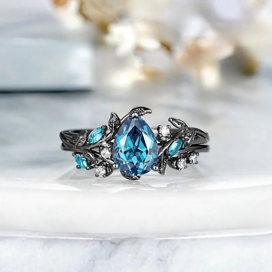 Luxury Black Color Waterdrop Round Blue White Stone Leaf Ring - BOLEVARD RING