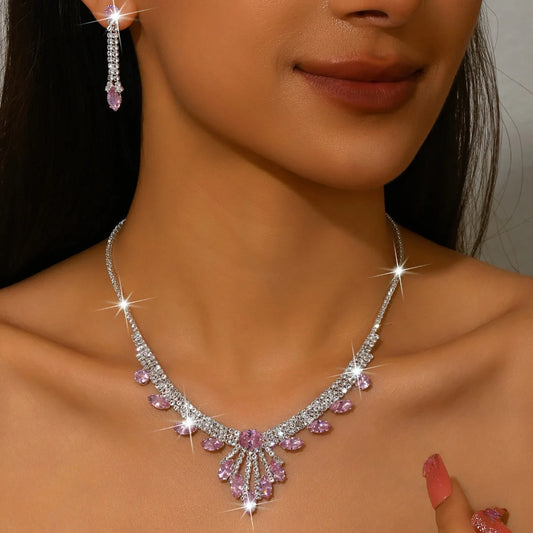 3pcs Elegant and Dignified Colored Water Droplet Gemstone Inlaid Women's Tassel Necklace Earring Set Retro Wedding Dress Jewelry