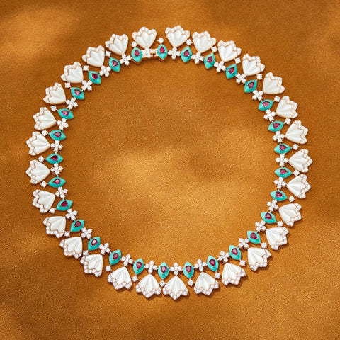 Luxury Temperament AAA Zircon Fan Shaped Blue Red Necklace Drop Earrings For Women Wedding Party Evening Dress Jewelry Sets