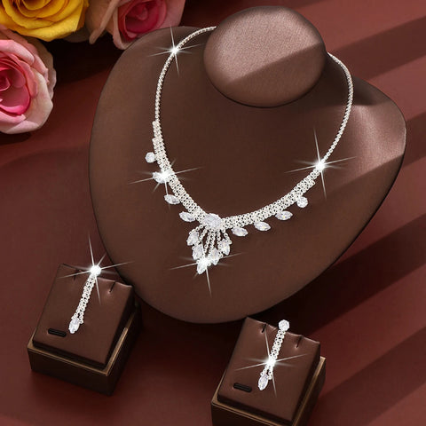 3pcs Elegant and Dignified Colored Water Droplet Gemstone Inlaid Women's Tassel Necklace Earring Set Retro Wedding Dress Jewelry