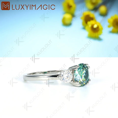 Luxyimagic 2CT Cyan Moissanite and 0.8ct White Moissanite Rings